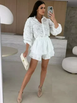 Jacquard Two Piece Co-ord Set Long Sleeve Shirt And Layered Shorts 2026