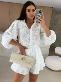 Jacquard Two Piece Co-ord Set Long Sleeve Shirt And Layered Shorts 2026