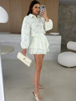 Jacquard Two Piece Co-ord Set Long Sleeve Shirt And Layered Shorts 2026