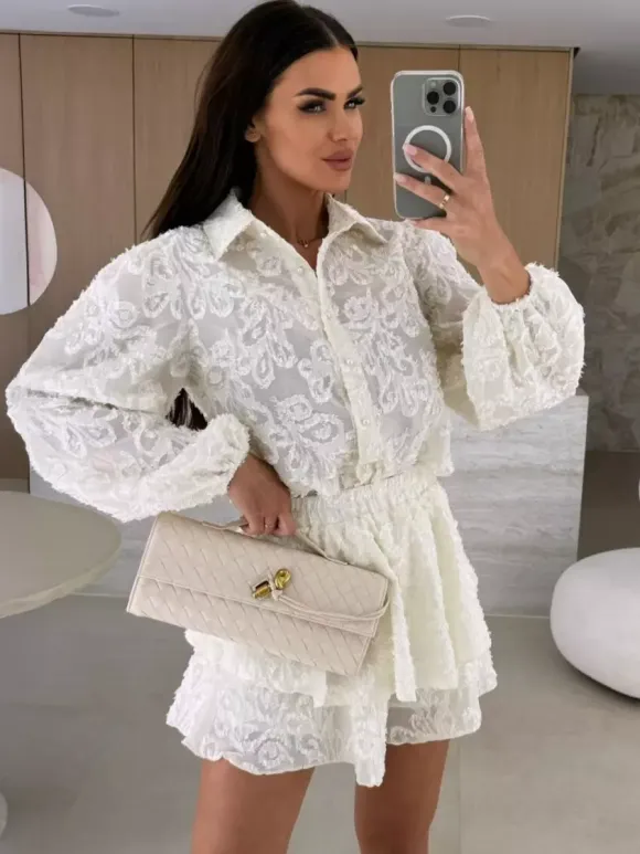 Jacquard Two Piece Co-ord Set Long Sleeve Shirt And Layered Shorts 2026