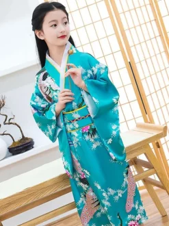 Japanes Costumes Kid's Kimono Cyan Blue Polyester Dress Oriental Women's Set Holidays Costumes