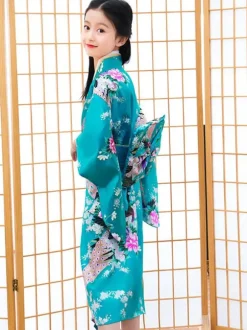 Japanes Costumes Kid's Kimono Cyan Blue Polyester Dress Oriental Women's Set Holidays Costumes