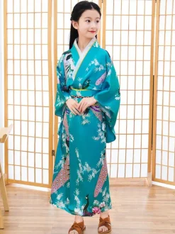 Japanes Costumes Kid's Kimono Cyan Blue Polyester Dress Oriental Women's Set Holidays Costumes