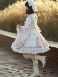 Japanese Style Lolita OP Dress Long Sleeve Floral Print Pink Bows Sweet Lolita One Piece Dresses