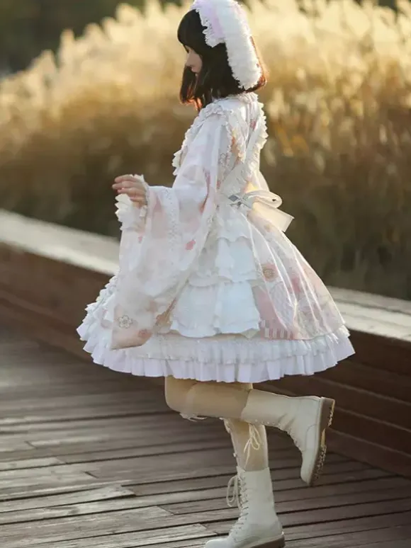 Japanese Style Lolita OP Dress Long Sleeve Floral Print Pink Bows Sweet Lolita One Piece Dresses
