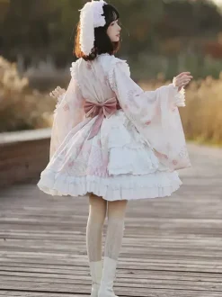 Japanese Style Lolita OP Dress Long Sleeve Floral Print Pink Bows Sweet Lolita One Piece Dresses