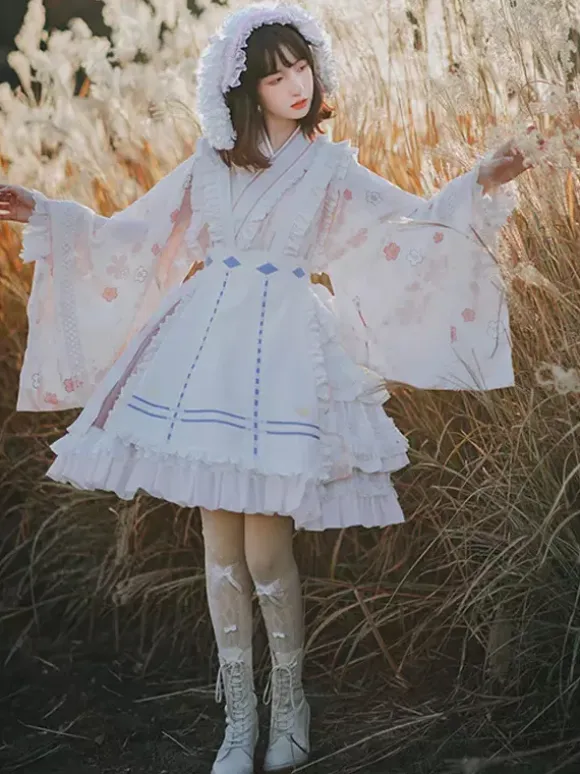 Japanese Style Lolita OP Dress Long Sleeve Floral Print Pink Bows Sweet Lolita One Piece Dresses