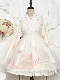 Japanese Style Lolita OP Dress Long Sleeve Floral Print Pink Bows Sweet Lolita One Piece Dresses