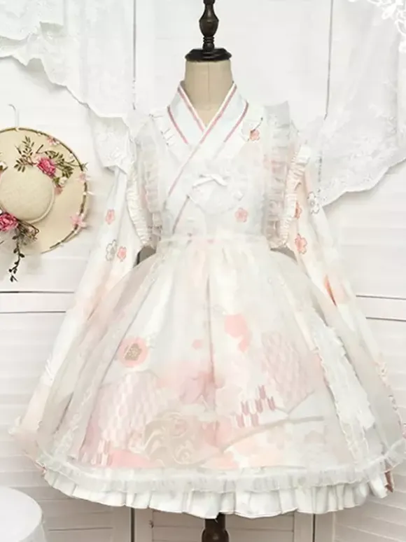 Japanese Style Lolita OP Dress Long Sleeve Floral Print Pink Bows Sweet Lolita One Piece Dresses