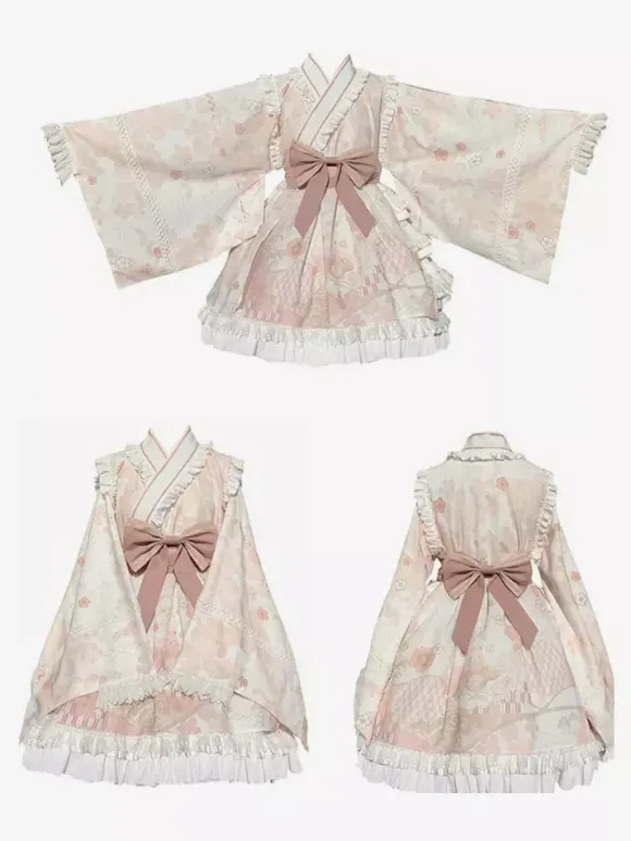 Japanese Style Lolita OP Dress Long Sleeve Floral Print Pink Bows Sweet Lolita One Piece Dresses