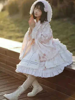 Japanese Style Lolita OP Dress Long Sleeve Floral Print Pink Bows Sweet Lolita One Piece Dresses