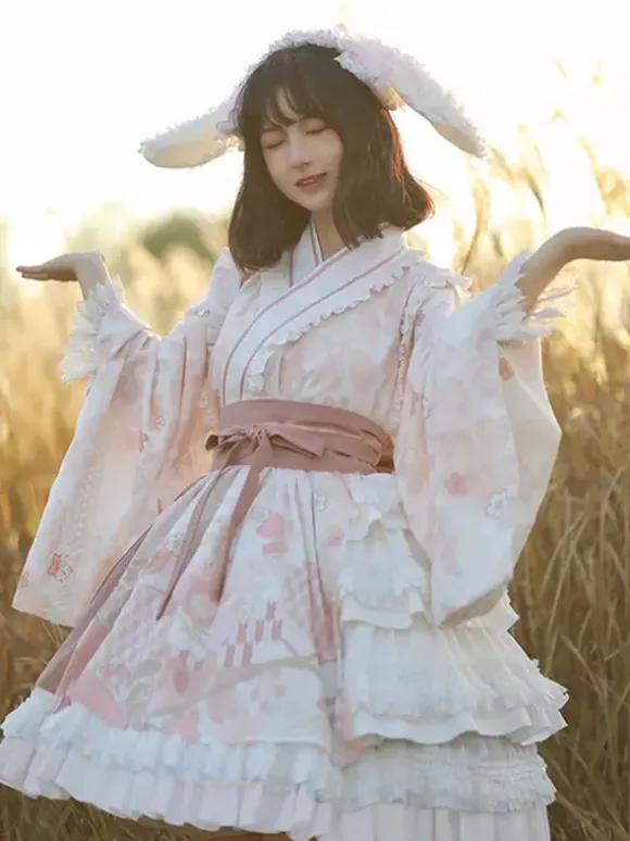 Japanese Style Lolita OP Dress Long Sleeve Floral Print Pink Bows Sweet Lolita One Piece Dresses
