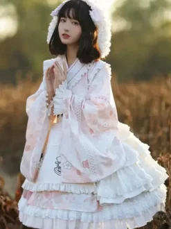 Japanese Style Lolita OP Dress Long Sleeve Floral Print Pink Bows Sweet Lolita One Piece Dresses