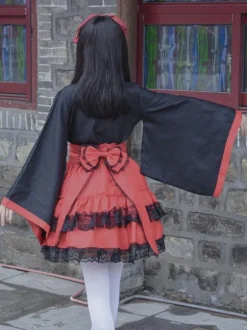Japanese Style Lolita Costumes Lolita Dresses Polyester Ruffles Kimono Long Sleeves Black
