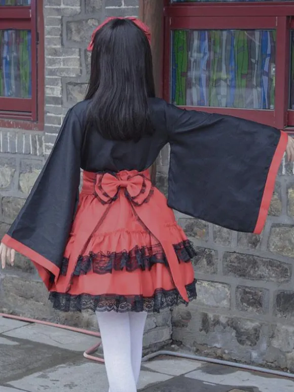 Japanese Style Lolita Costumes Lolita Dresses Polyester Ruffles Kimono Long Sleeves Black