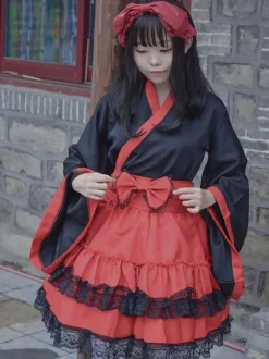 Japanese Style Lolita Costumes Lolita Dresses Polyester Ruffles Kimono Long Sleeves Black