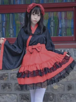 Japanese Style Lolita Costumes Lolita Dresses Polyester Ruffles Kimono Long Sleeves Black