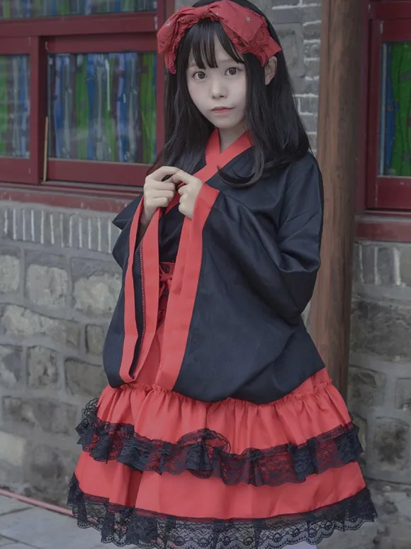 Japanese Style Lolita Costumes Lolita Dresses Polyester Ruffles Kimono Long Sleeves Black