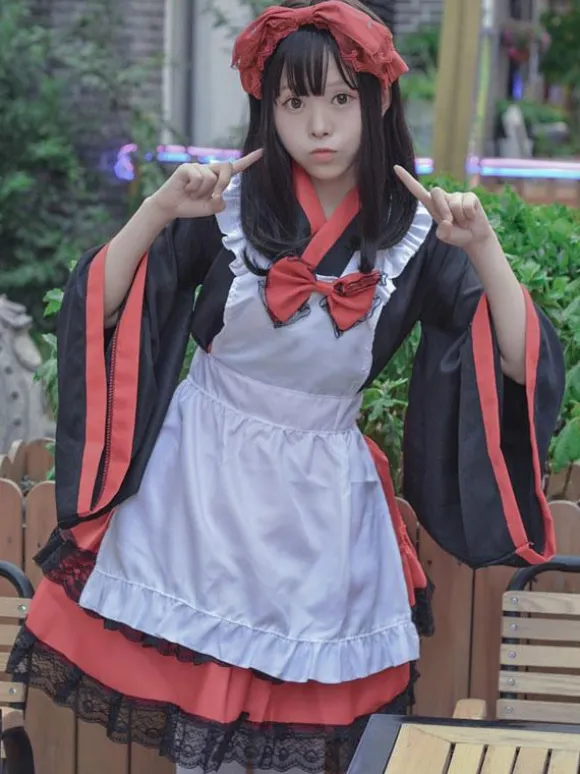 Japanese Style Lolita Costumes Lolita Dresses Polyester Ruffles Kimono Long Sleeves Black