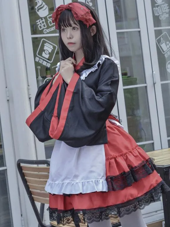 Japanese Style Lolita Costumes Lolita Dresses Polyester Ruffles Kimono Long Sleeves Black