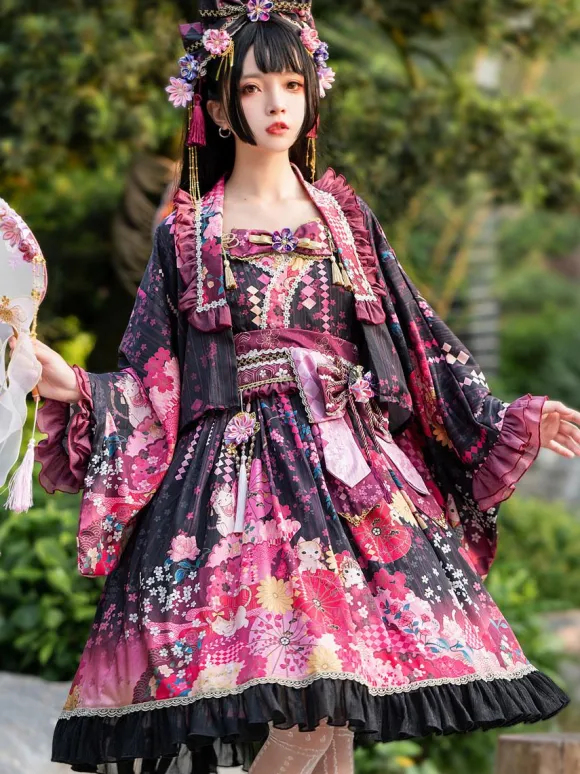 Japanese Style Lolita Costumes Lolita Dresses Set Polyester Bows Floral Print Kimono Sleeveless Pink Lolita Set
