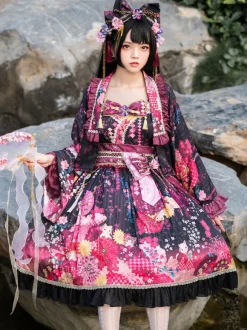Japanese Style Lolita Costumes Lolita Dresses Set Polyester Bows Floral Print Kimono Sleeveless Pink Lolita Set