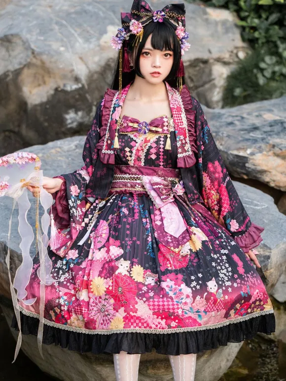 Japanese Style Lolita Costumes Lolita Dresses Set Polyester Bows Floral Print Kimono Sleeveless Pink Lolita Set