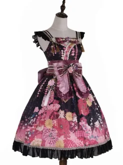 Japanese Style Lolita Costumes Lolita Dresses Set Polyester Bows Floral Print Kimono Sleeveless Pink Lolita Set