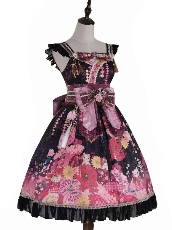 Japanese Style Lolita Costumes Lolita Dresses Set Polyester Bows Floral Print Kimono Sleeveless Pink Lolita Set