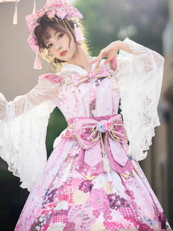 Japanese Style Lolita Costumes Lolita Dresses Set Polyester Bows Floral Print Kimono Sleeveless Pink Lolita Set