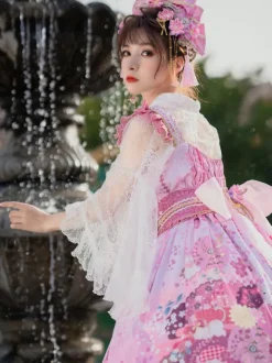 Japanese Style Lolita Costumes Lolita Dresses Set Polyester Bows Floral Print Kimono Sleeveless Pink Lolita Set