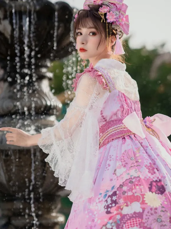 Japanese Style Lolita Costumes Lolita Dresses Set Polyester Bows Floral Print Kimono Sleeveless Pink Lolita Set