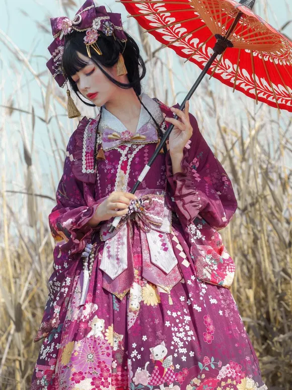 Japanese Style Lolita Costumes Lolita Dresses Set Polyester Bows Floral Print Kimono Sleeveless Pink Lolita Set