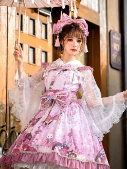 Japanese Style Lolita Costumes Lolita Dresses Set Polyester Bows Floral Print Kimono Sleeveless Pink Lolita Set