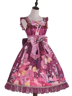 Japanese Style Lolita Costumes Lolita Dresses Set Polyester Bows Floral Print Kimono Sleeveless Pink Lolita Set