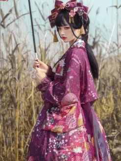 Japanese Style Lolita Costumes Lolita Dresses Set Polyester Bows Floral Print Kimono Sleeveless Pink Lolita Set
