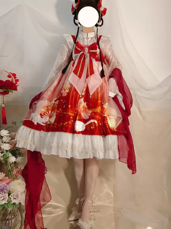 Japanese style Lolita Costumes Lolita Dresses Polyester Bows Floral Print Kimono Sleeveless Red