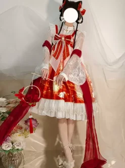 Japanese style Lolita Costumes Lolita Dresses Polyester Bows Floral Print Kimono Sleeveless Red