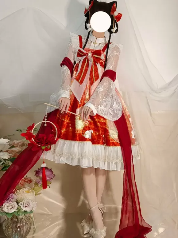 Japanese style Lolita Costumes Lolita Dresses Polyester Bows Floral Print Kimono Sleeveless Red