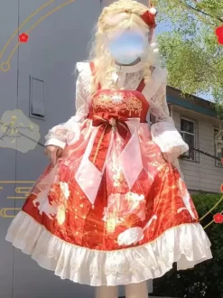 Japanese style Lolita Costumes Lolita Dresses Polyester Bows Floral Print Kimono Sleeveless Red