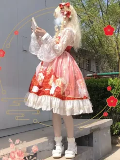 Japanese style Lolita Costumes Lolita Dresses Polyester Bows Floral Print Kimono Sleeveless Red