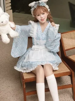 Japanese Style Lolita Ruffles Plaid Kimono Long Sleeves Light Sky Blue Dresses
