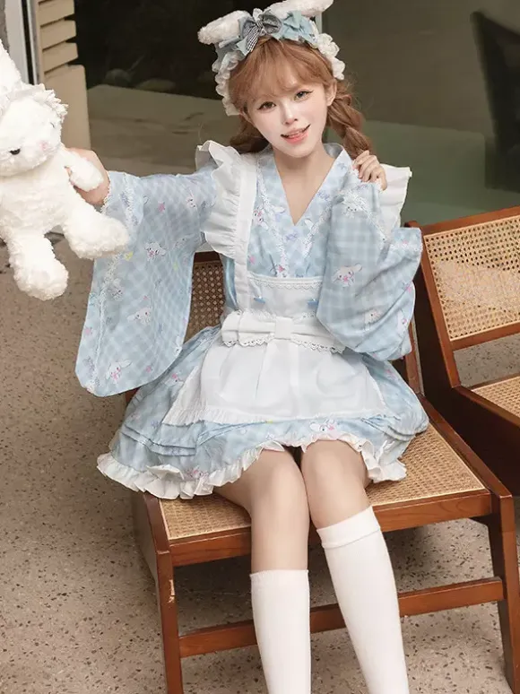 Japanese Style Lolita Ruffles Plaid Kimono Long Sleeves Light Sky Blue Dresses