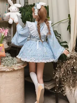 Japanese Style Lolita Ruffles Plaid Kimono Long Sleeves Light Sky Blue Dresses