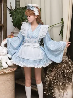 Japanese Style Lolita Ruffles Plaid Kimono Long Sleeves Light Sky Blue Dresses