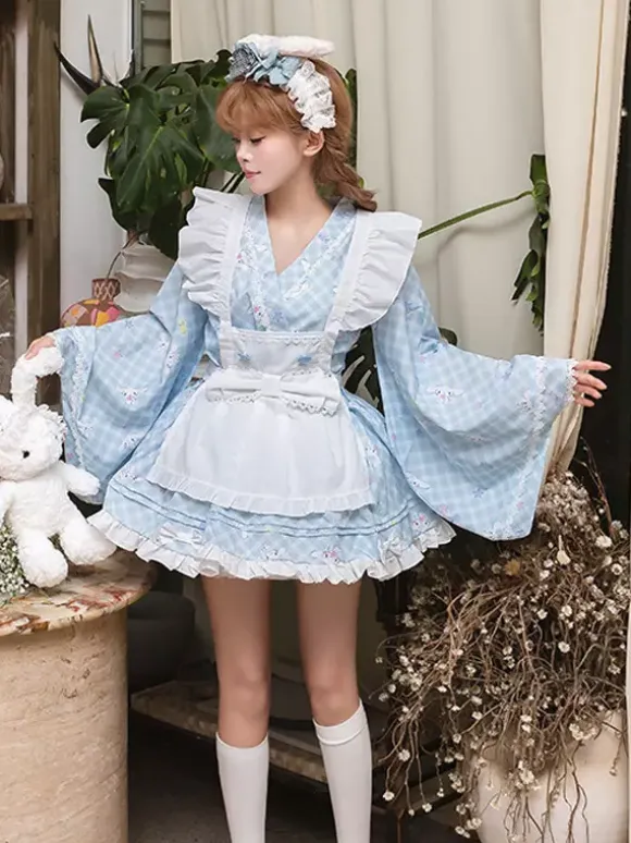 Japanese Style Lolita Ruffles Plaid Kimono Long Sleeves Light Sky Blue Dresses