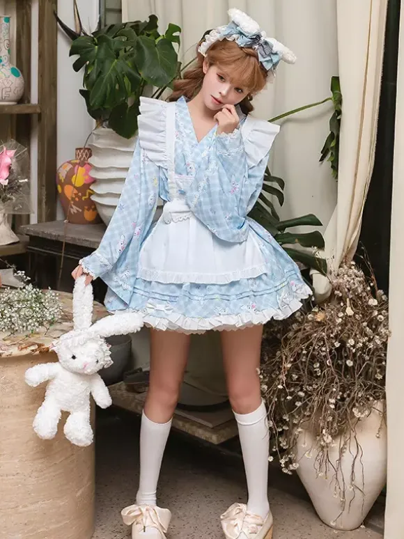 Japanese Style Lolita Ruffles Plaid Kimono Long Sleeves Light Sky Blue Dresses