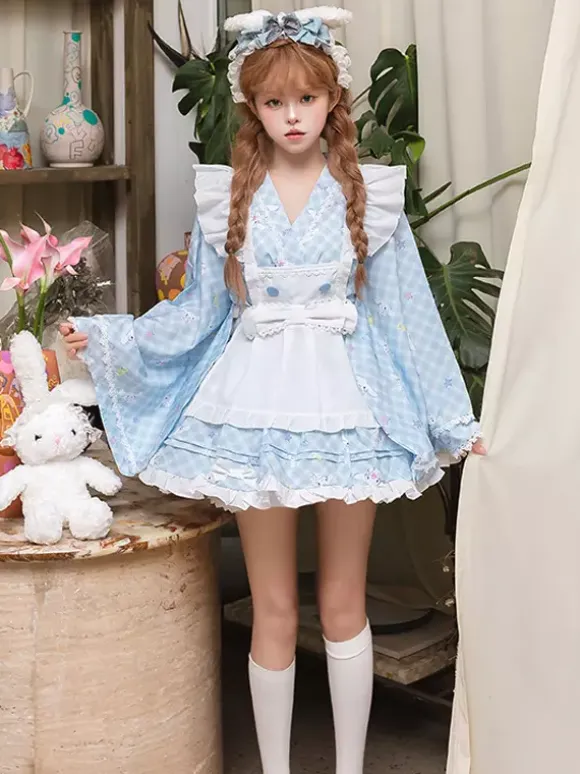 Japanese Style Lolita Ruffles Plaid Kimono Long Sleeves Light Sky Blue Dresses