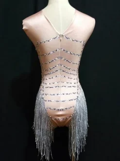 Jazz Dance Costume Sexy Women Beading Tassels Mini Jumpsuits