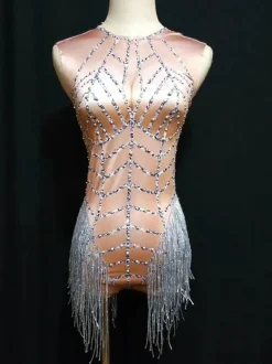 Jazz Dance Costume Sexy Women Beading Tassels Mini Jumpsuits